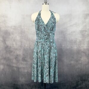Y2K Womens Halter Dress L/XL Ruched Zebra Print Summer Resort Going Out Stretchy